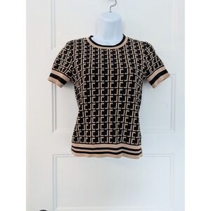 Judith and Charles Monogram Knit Top Black Tan Geometric Short Sleeve Sweater S
